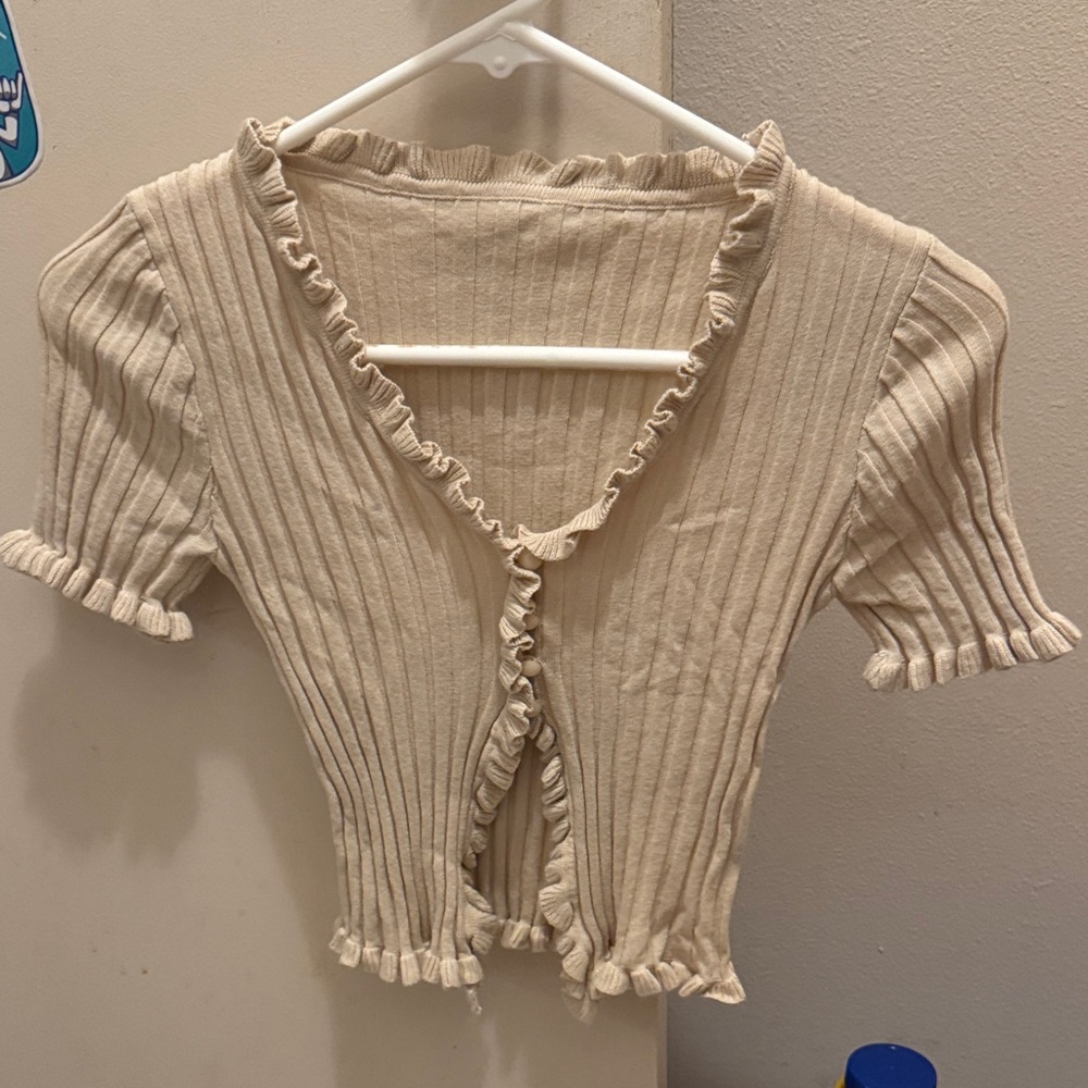 Ruffled Beige Ribbed Women's Top